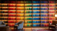 Colorful rainbow library wall with organized books arranged by color spectrum from warm to cool tones creating stunning visual display in modern reading room.