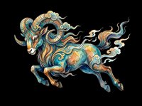 Ornate mythical goat with flowing mane and tail in teal, gold, and bronze tones, isolated on transparent background. Ready for t-shirts, stickers, clipart, and print-on-demand designs.