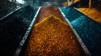 Vibrant spices and colorful powdered ingredients in market display bins create dramatic contrast with golden turmeric in center focus against dark and turquoise hues.