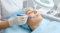 Professional cosmetologist performing facial treatment on young woman in modern beauty clinic with magnifying lamp and sterile equipment.