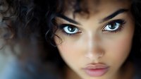 Close-up portrait of young woman with curly dark hair, striking blue eyes, and natural makeup, showcasing intense gaze and smooth complexion.