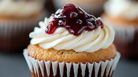 Vanilla cupcake topped with swirled buttercream frosting and dark cherry sauce drizzle, served in striped paper liner, macro food photography with selective focus.