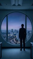 Silhouetted male professional in dark business suit standing at large circular window overlooking illuminated cityscape at twilight, gazing at urban skyline from high-rise office building for corporate success and ambition concepts.