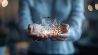 Glowing scales of justice floating above cupped hands with magical sparkles and light particles, symbolizing legal wisdom, fairness and divine justice in modern law concept.