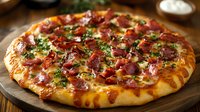 Fresh baked pizza topped with crispy bacon, melted cheese and chopped herbs served on wooden board, close up view of homemade Italian cuisine.
