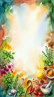 Watercolor culinary frame with fresh herbs, spices, vegetables and cooking utensils on white background for recipe cards and food design projects.