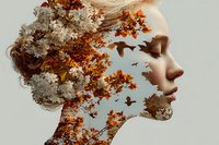 Young woman profile silhouette filled with autumn leaves, birds and seasonal foliage creating artistic double exposure effect for nature concepts.