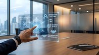 Male professional in business attire interacting with holographic digital interface displaying integrated systems, shared resources, and collaboration icons in modern office with city skyline view.