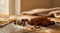 Cinnamon sticks and star anise spices arranged on wooden surface with dried wheat and neutral fabric for culinary and food styling projects.