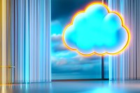 Glowing neon cloud shape on wall with dramatic lighting effects and reflective floor in modern minimalist interior space against cloudy sky background.