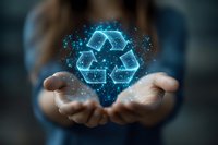 Glowing blue holographic recycling symbol floating above cupped hands with sparkle effect and digital particles against dark background, sustainability concept.
