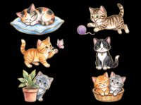 Cute cats collection featuring six playful feline characters in various poses. Orange tabby, gray striped, and black and white kittens isolated on transparent background, ready for t-shirt designs, stickers, clipart, and print-on-demand products.