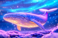 Magical glowing whale swimming in starry night sky among clouds and bubbles, illuminated by pink and blue cosmic light, fantasy art for children books.