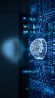 Futuristic holographic smartwatch floating in digital cyberspace with glowing data streams and circuit patterns for technology innovation concepts.