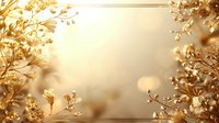 Delicate golden flowers and branches create dreamy natural frame against soft bokeh background in warm sunlight, romantic floral border composition.
