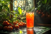 Fresh tomato juice in glass with ripe tomatoes and green plants on kitchen counter in warm sunlight for healthy lifestyle and organic nutrition.