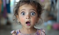 Young girl with curly hair and expressive big blue eyes showing surprised emotion, mouth open in amazement, wearing floral dress. Close-up portrait captures genuine wonder.