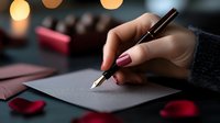 Female hand with pink manicure writing with fountain pen on dark paper, romantic atmosphere with blurred bokeh lights and red rose petals in background.