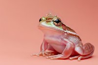 Cute frog wearing a tiny golden crown sits on a pink pastel background, fairy tale prince concept for greeting cards and posters.
