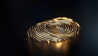 Golden spiral abstract shape glowing on dark background, metallic waves forming fingerprint-like pattern with light reflections and shadows.