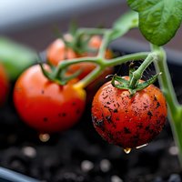 Fresh ripe tomatoes on vine with water drops and soil particles, macro photography showing natural organic gardening and harvest details in dark setting.