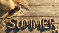 Summer word made of driftwood sticks on rustic wooden background with straw hat, sunglasses, and wheat ears. Warm seasonal concept.