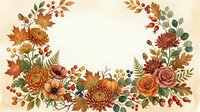 Watercolor autumn floral frame with chrysanthemums, roses, maple leaves, berries, and pumpkins on a light background, perfect for seasonal greeting cards.