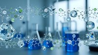 Abstract molecular structure with hexagonal chemistry network floating over blurred laboratory background for scientific research and biotechnology applications.