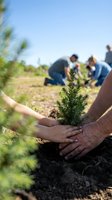 Diverse group of volunteers planting young evergreen trees together in sunny outdoor field, hands holding seedling in soil for reforestation and environmental conservation project.