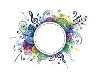 Colorful musical frame with treble clef, notes and swirls on white background for creative design projects and artistic compositions.