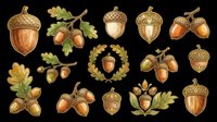 Autumn acorn clipart set with oak leaves, isolated on transparent background, ready for fall T-shirts, stickers, print on demand, and sublimation design use.