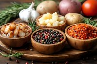 Fresh cooking ingredients in wooden bowls on rustic board - garlic, peppercorns, chopped onions and red pepper flakes with raw potatoes, tomato and rosemary sprigs.