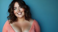 Confident plus size woman with wavy brown hair and radiant smile wearing coral top against turquoise background. Natural beauty portrait showcasing body positivity.