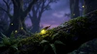 Glowing firefly on moss-covered tree bark in enchanted forest at twilight with magical atmosphere and soft purple lighting for nature fantasy designs.