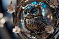 Decorative metallic owl brooch with blue crystal details and turquoise eyes surrounded by delicate white flowers and bokeh lights, close-up macro photography.