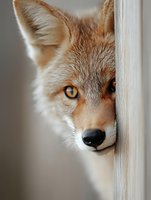 Close-up portrait of red fox peeking from behind white wall, showing half face with intense amber eyes and alert expression against blurred background.