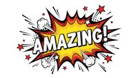 Comic book style explosion burst with amazing text in bold letters surrounded by colorful stars and dynamic action lines on white background.