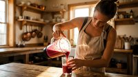 Woman pouring homemade fruit juice or kombucha into glass in rustic kitchen with wooden shelves and natural light for beverage preparation and healthy lifestyle content.