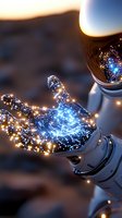 Robotic hand holding glowing cosmic energy with interconnected light particles and stars, creating magical illumination against sunset sky background.