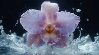 Delicate lavender orchid with water droplets and splashing waves against dark background, suitable for floral designs and nature-themed projects.
