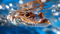 Close-up view of young alligator head emerging from blue water surface with bokeh light effects, showing detailed eye and scaly skin texture in natural habitat.