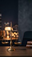 Golden scales of justice on wooden desk with law books and warm lighting in attorney office for legal consultation and courtroom representation.