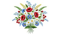 Embroidered wildflower bouquet with red poppies, blue cornflowers and wheat ears on white background. Folk art floral design for textile decoration.