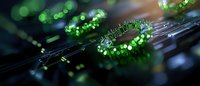 Glowing green water droplets on spider web create magical macro nature scene with bokeh effect and morning dew, showcasing delicate natural patterns.