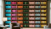 Colorful rainbow bookshelf wall with organized books in vibrant hues from blue to yellow creating stunning library interior design for modern home decor.