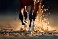 Powerful horse legs galloping at sunset with dramatic dust clouds and golden light creating dynamic motion blur for sports and equestrian content.