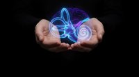 Hands holding glowing blue and purple energy swirls with light trails on black background for technology and innovation concepts.