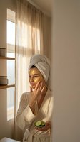 Young Caucasian woman in bathrobe and towel turban applying gold eye patches, holding cucumber slices during morning skincare routine at home.