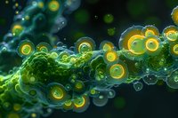 Microscopic view of glowing green and yellow bacterial colonies with translucent bubbles against dark background, showing cellular structures.