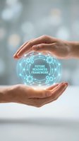 Hands holding glowing holographic sphere with future readiness framework text and gear icons, representing digital transformation and business innovation strategy.